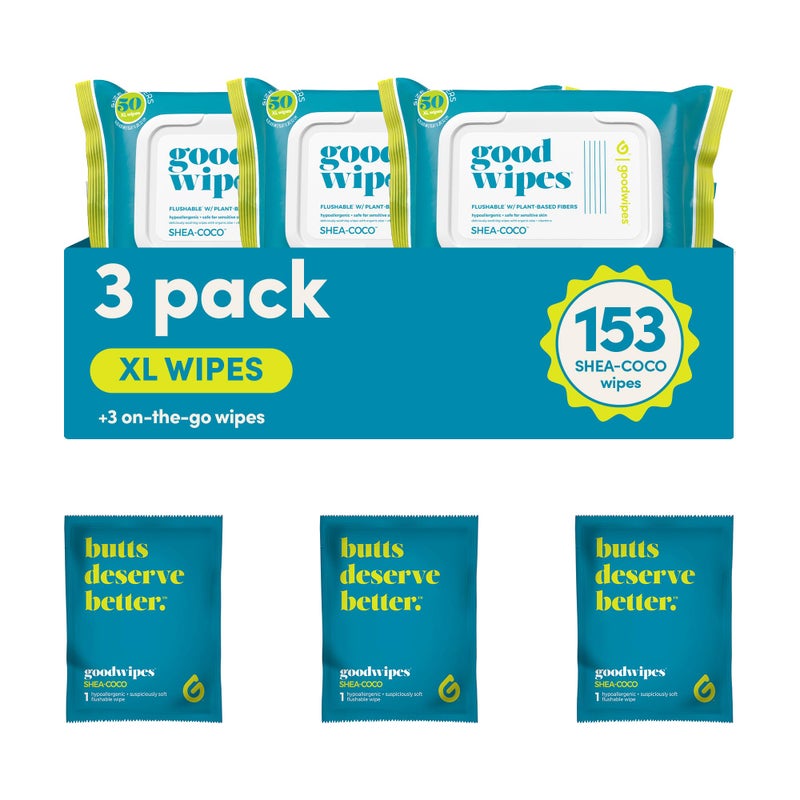 goodwipes Flushable Butt Wipes Vitamin E Aloe Sewer Septic Safe Extra Large Adult Wet Wipes For Women Men Bathroom Essentials Shea Coco 153 Count 3 Packs 3 Individually Wrapped